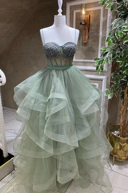 Modern Sweetheart Beadings Evening Dress With Spaghetti Straps And Tulle Prom Dress