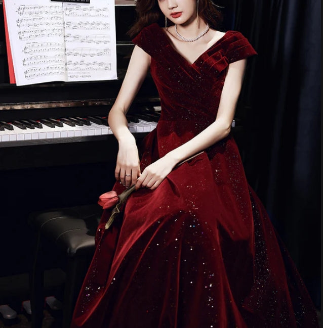 Wine Red V-neckline Velvet Long Party Dress Floor Length Prom Dress Elegant Evening Dress