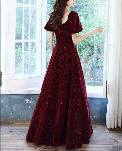 Wine Red Velvet Long Party Dress Off Shoulder A-line Long Prom Dress Elegant Evening Dress