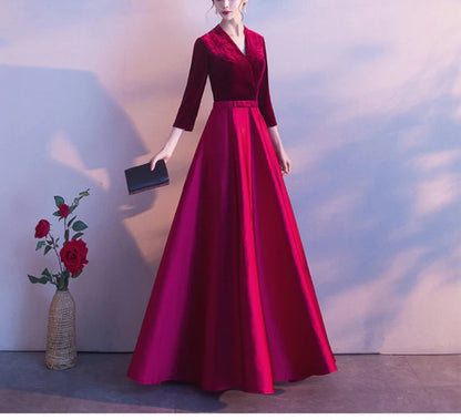 Dark Red Satin and Velvet Simple Long Wedding Party Dress Evening Dresses Prom Dresses Elegant Wholesale