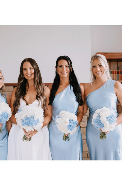 Aimishang One Shoulder Light Blue Sheath Long Bridesmaid Dress Charming Evening Party Dress With Slit