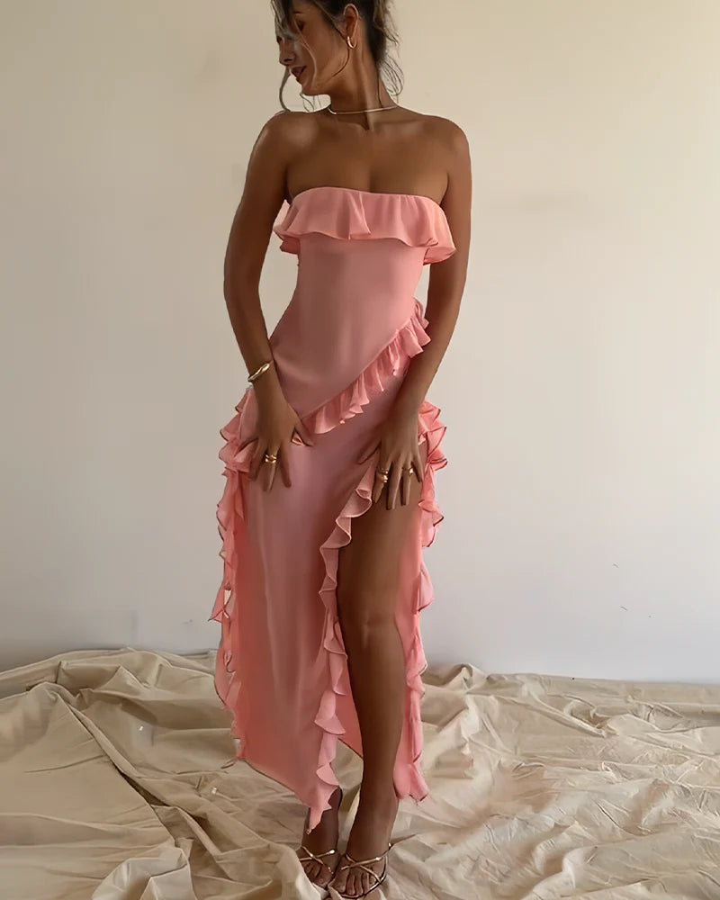 Aimishang Elegant Slit Pleated Strapless Charming Evening Party Dress Formal Dress