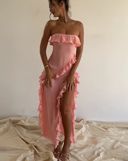 Aimishang Elegant Slit Pleated Strapless Charming Evening Party Dress Formal Dress