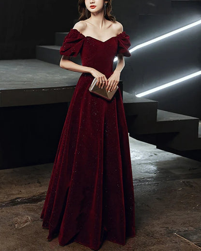 Wine Red Velvet Long Party Dress Off Shoulder A-line Long Prom Dress Elegant Evening Dress