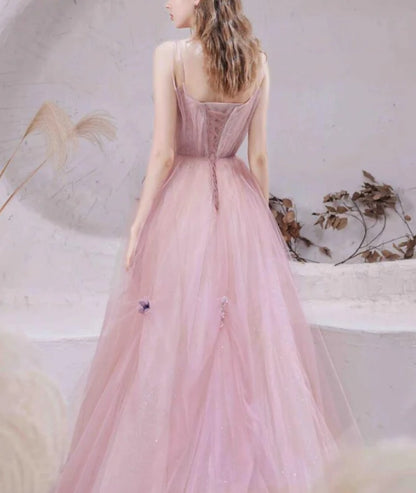 Pink Tulle with Beadings Spaghetti Strap Long Formal Dress Junior Prom Dress Charming Wholesale