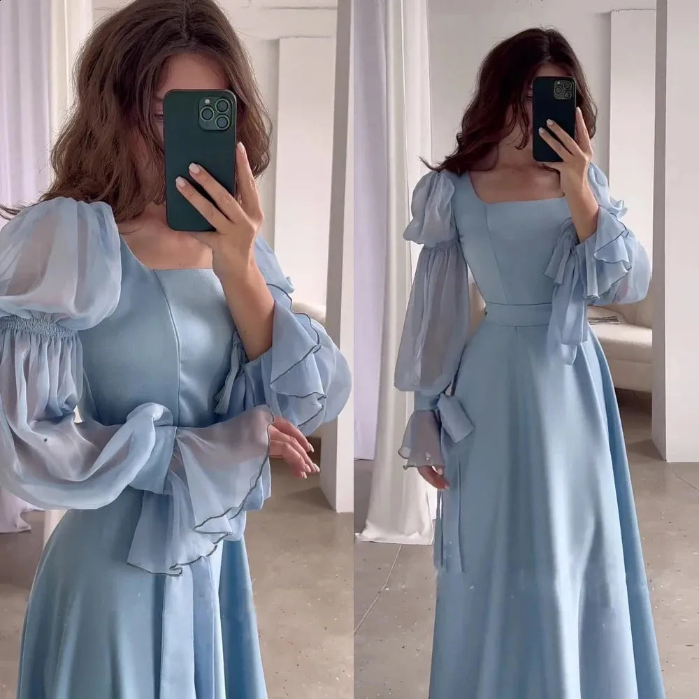 Aimishang Blue Puff Sleeves Long Prom Dress Formal Dress Elegant Evening Party Dress