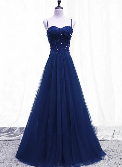 Blue Beaded Straps A-line Tulle New Prom Dress Party Dress Floor Length Party Dress Wholesale