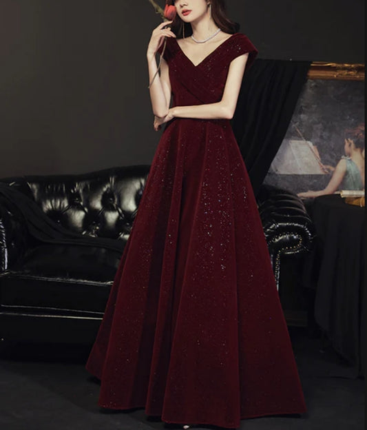 Wine Red V-neckline Velvet Long Party Dress Floor Length Prom Dress Elegant Evening Dress