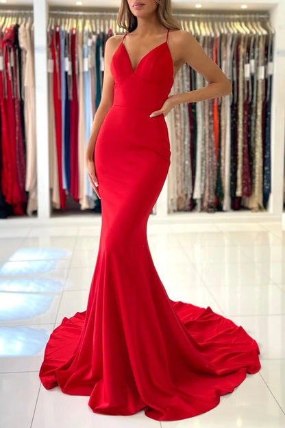 Red Mermaid Evening Dress Spaghetti Strap Long V-neck Sexy Party Dress Formal Dress