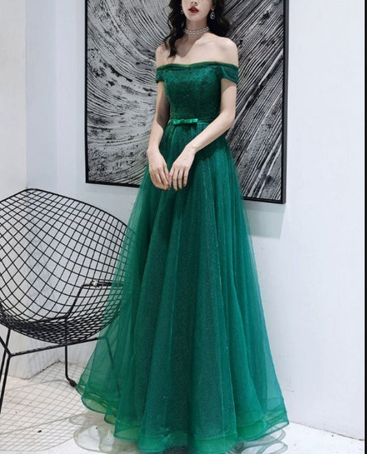 Dark Green Tulle Beaded Off Shoulder Long Party Dresses A-line Long Evening Dress Prom Dress Wholesale