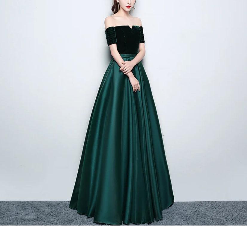 Beautiful Satin and Velvet Long Party Dress Simple Off Shoulder Prom Dress Elegant Evening Dress