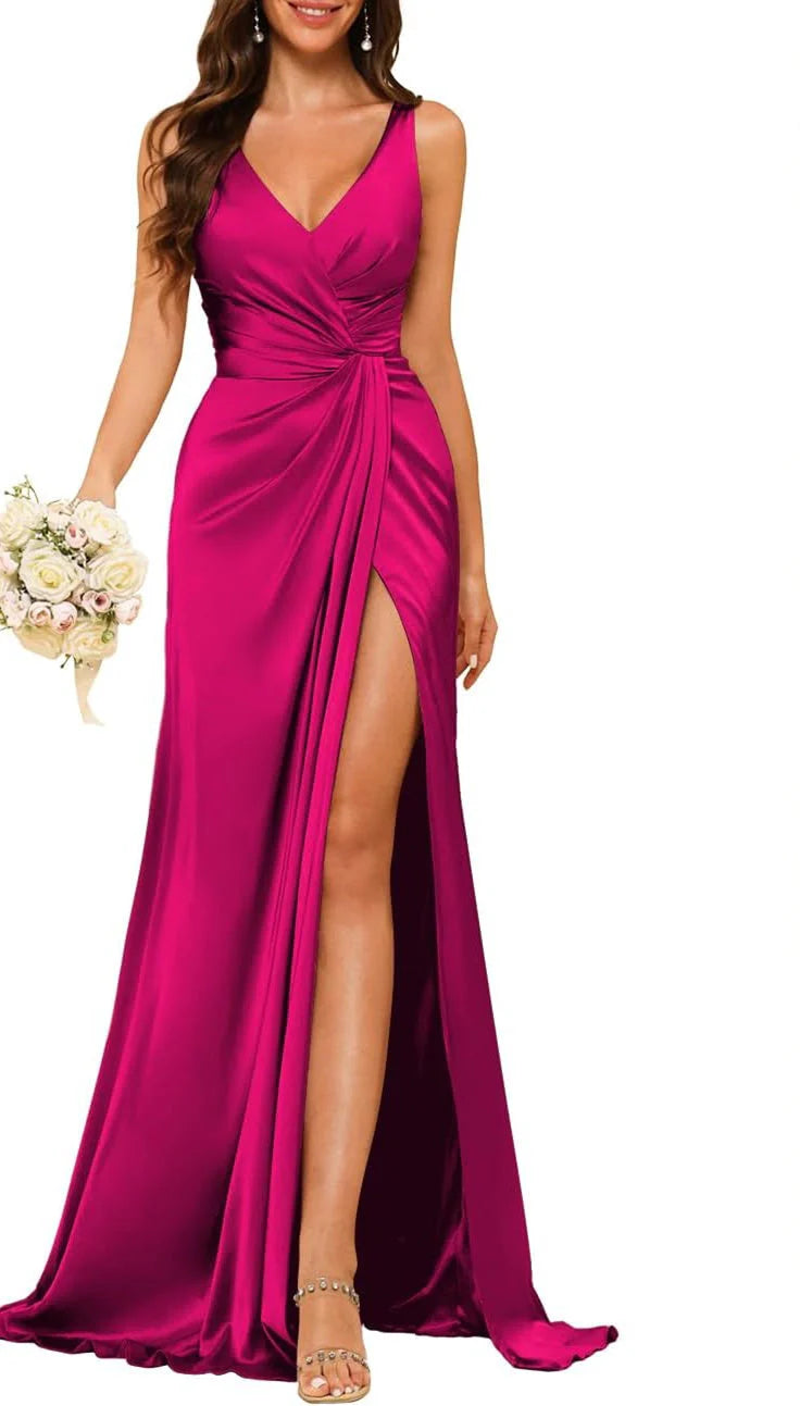 Wholesale Sheath/Column V Neck Bridesmaid Dress With Slit Elegant Evening Party Dress