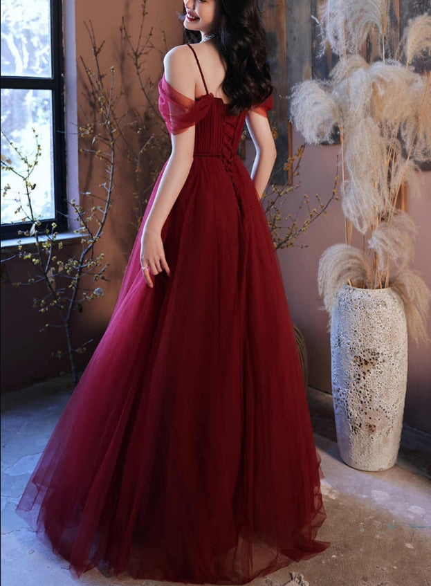 Aimishang Straps A-line Burgundy Tulle Long Evening Dress Elegant Prom Dress