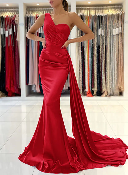 One Shoulder Sleeveless Silk Like Satin Sheath/Column Bridesmaid Dresses Elegant Evening Dress Wholesale