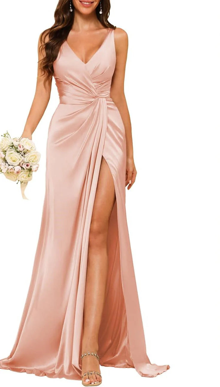 Wholesale Sheath/Column V Neck Bridesmaid Dress With Slit Elegant Evening Party Dress