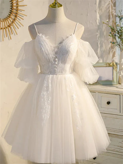 Spaghetti Strap V-neck Lace Homecoming Dress Tulle Short Prom Dress Wholesale