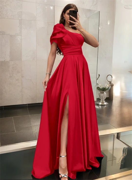 One Shoulder A Line Satin Bridesmaid Dress With Ruffle Short Sleeves Sweep Train Elegant Evening Dress