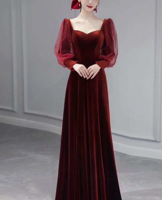 Wine Red Velvet Long Sleeves Floor Length Bridesmaid Dress Long Prom Dress Elegant Evening Dress