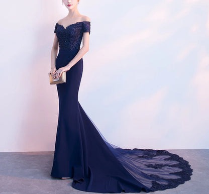 Beautiful Navy Blue Mermaid Lace Long Party Dress Off Shoulder Evening Dress with Appliques