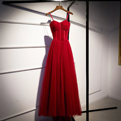 Beautiful Wine Red Tulle Long Straps Party Dress Prom Dress A-line Formal Gown Evening Dress Wholesale