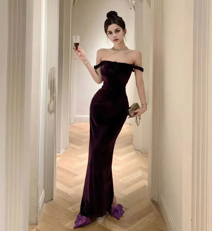 Aimishang Elegant Velvet Sheath Long Prom Dress Off Shoulder Formal Dress Evening Gown Charming Party Dress