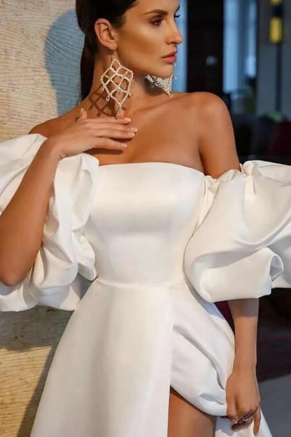 White Off The Shoulder Bubble Sleeves Long Evening Dress With Slit Sexy Party Dress Wholesale