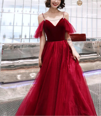 Charming Wine Red Straps Long Evening Party Dresses A-line Straps Prom Dresses Formal Dress Wholesale