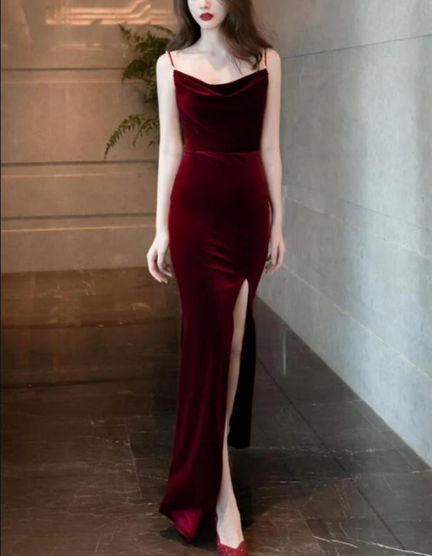 Burgundy Velvet Floor Length Mermaid Prom Dress Bridesmaid Dresses Evening Dress  Party Dress With Slit