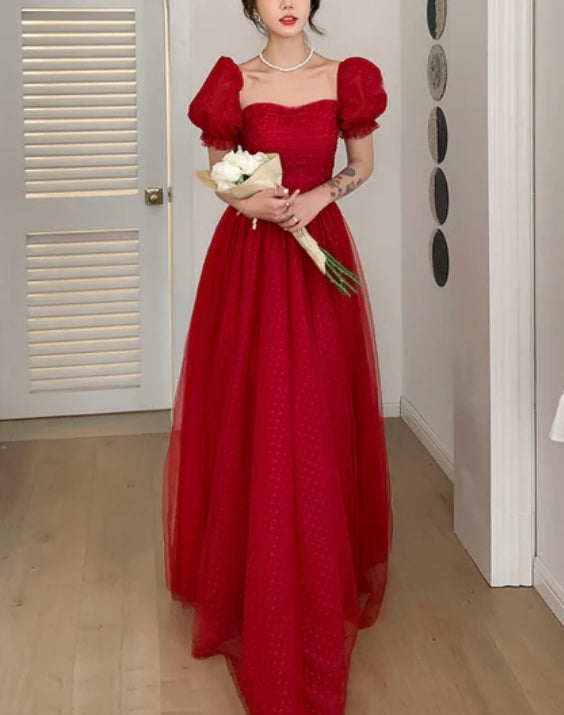 Beautiful Red Short Sleeves Tulle Prom Dress Party Dress Evening Gown Formal Dresses Wholesale