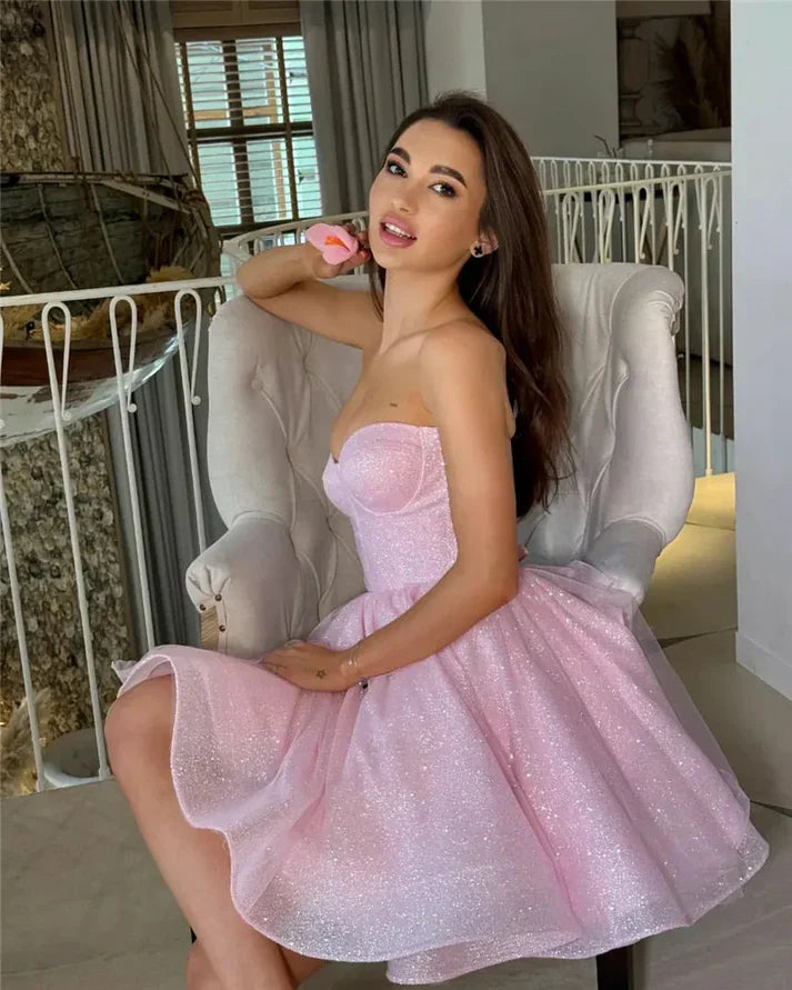 Shiny Pink Short Party Dress Sweetheart A-Line Homecoming Dress Off Shoulder Party Dress Wholesale