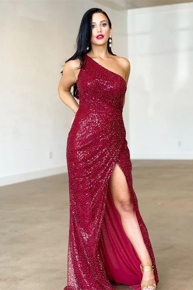 Burgundy One Shoulder Split Mermaid Evening Dress With Backless Sparkly Party Dress Wholesale