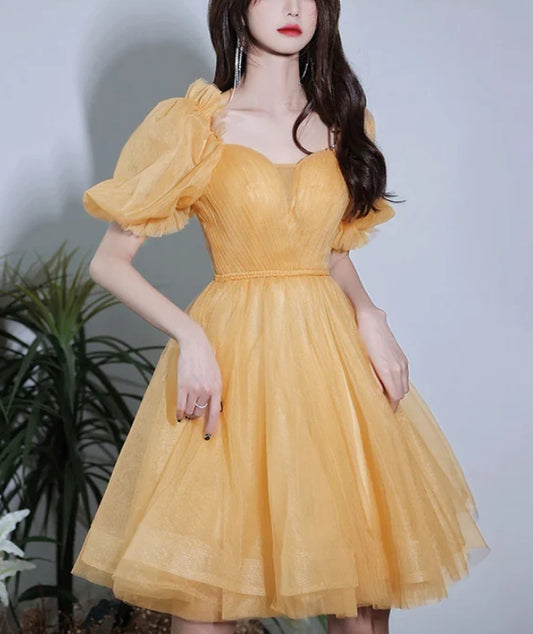 Aimishang Yellow Short Sleeves Tulle Prom Dress Homecoming Dress Off Shoulder Formal Dress Wholesale