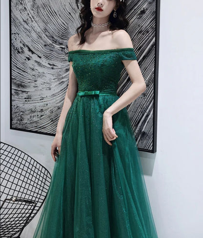 Dark Green Tulle Beaded Off Shoulder Long Party Dresses A-line Long Evening Dress Prom Dress Wholesale