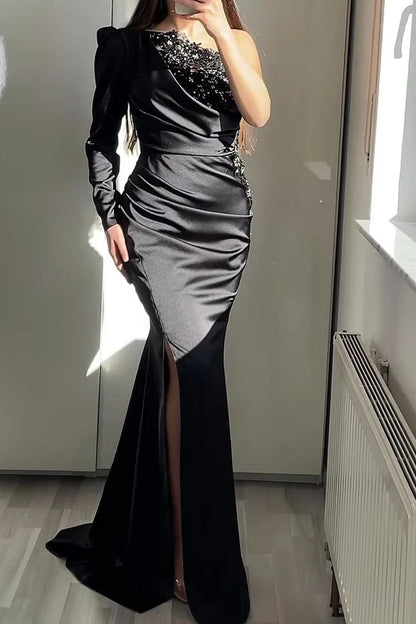 One Shoulder Long Sleeve Mermaid Evening Dress With Beading Split Sexy Party Dress Wholesale