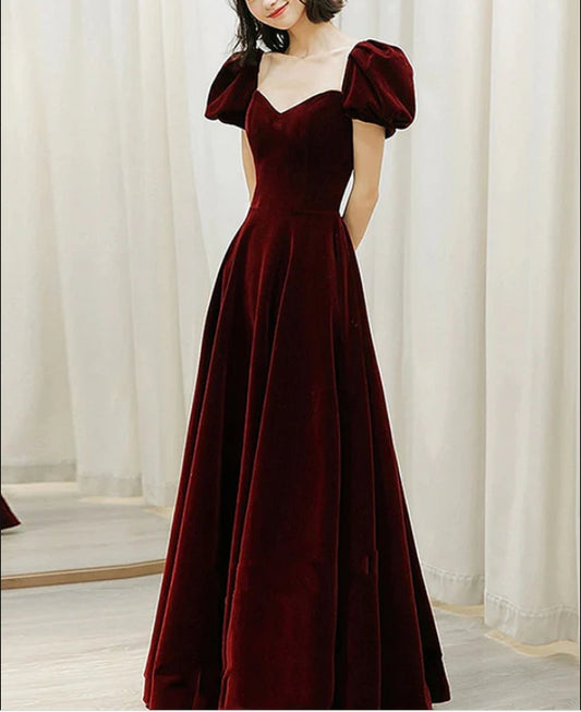 Wine Red Velvet Sweetheart Long Party Dress A-line Prom Dress Elegant Evening Dress