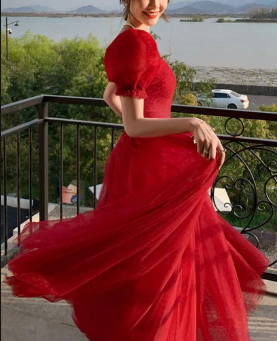 Beautiful Red Short Sleeves Tulle Prom Dress Party Dress Evening Gown Formal Dresses Wholesale