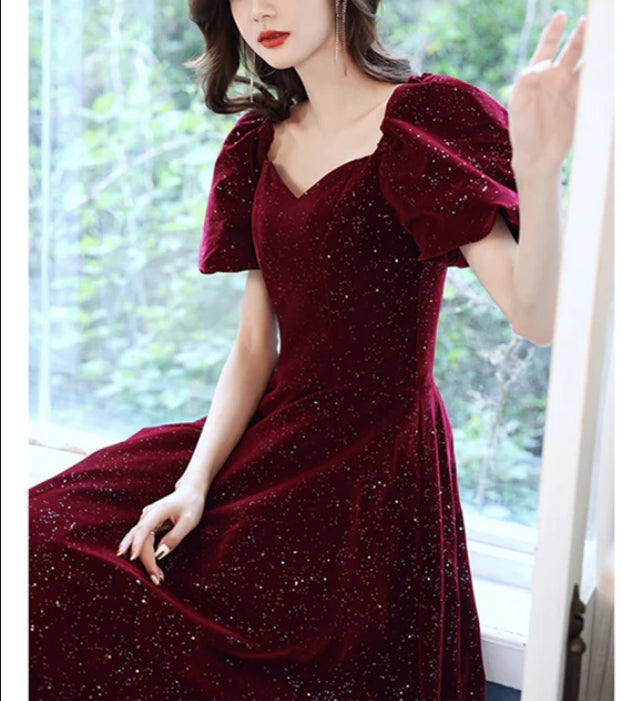 Wine Red Velvet Long Party Dress Off Shoulder A-line Long Prom Dress Elegant Evening Dress