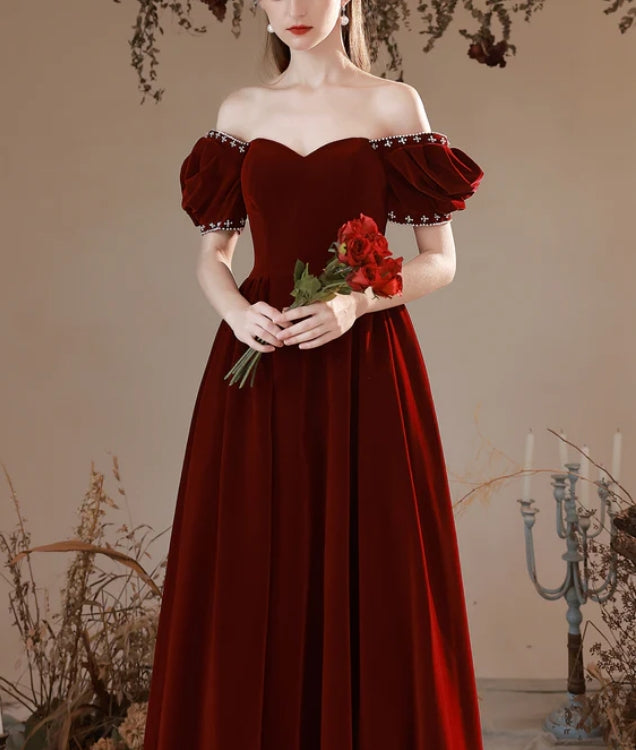 Wine Red Short Sleeves Velvet Sweetheart Party Dress Velvet Long Formal Dress Elegant Evening Dress