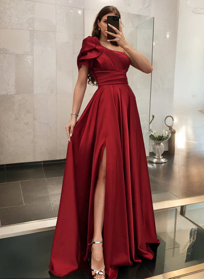 One Shoulder A Line Satin Bridesmaid Dress With Ruffle Short Sleeves Sweep Train Elegant Evening Dress