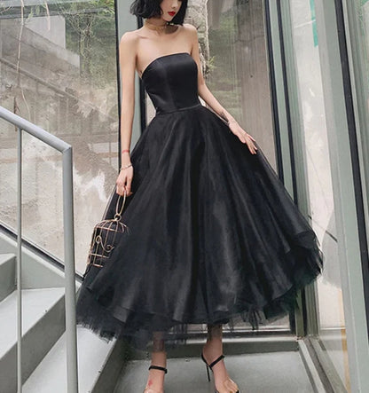 Black Tea Length Tulle Prom Party Dress Tulle Formal Dress Off Shoulder Evening Dress Wholesale