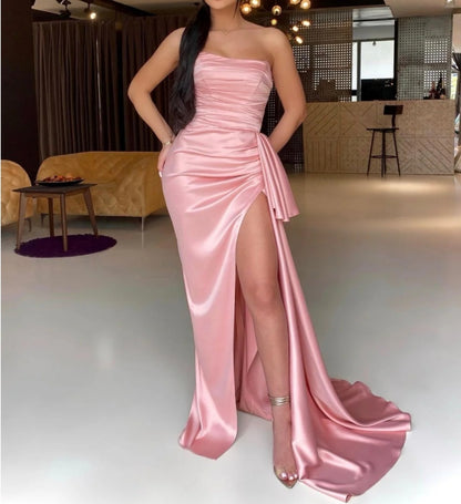 Gorgeous Pink Strapless Pleated Prom Dress Mermaid Long With Slit Off Shoulder Sexy Evening Dress