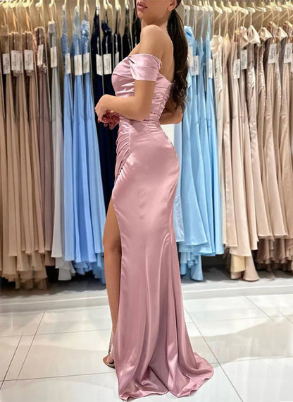 Off The Shoulder Simple Bridesmaid Dresses With Split Front Elegant Evening Dress Party Dress Wholesale