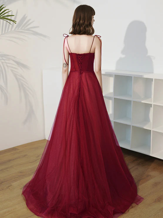 Wine Red Scoop Beaded A-line Long Junior Prom Dress Lace-up Party Dress Elegant Evening Dress