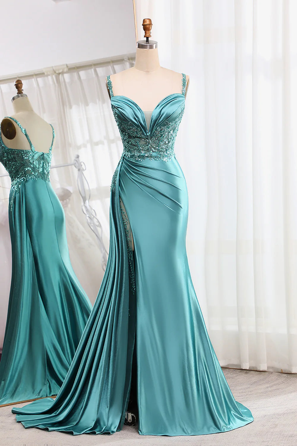 Wholesale Mermaid Prom Dress V-Neck Satin Long Appliques Sequin Blue With Slit