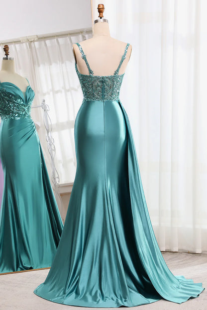 Wholesale Mermaid Prom Dress V-Neck Satin Long Appliques Sequin Blue With Slit