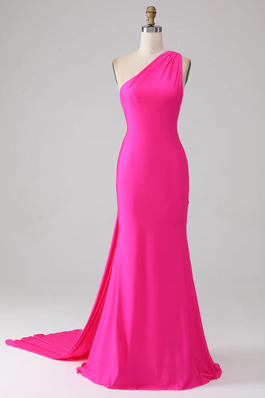 Wholesale Hot Pink Mermaid Long Prom Dress One Shoulder With Pleated