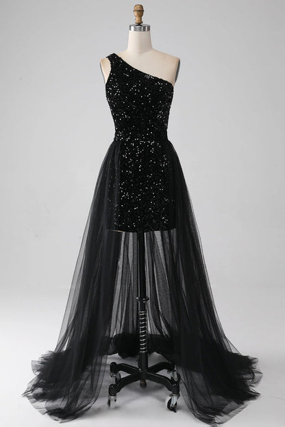 Wholesale Sparkly Black A-Line One Shoulder Sequins Long Prom Dress