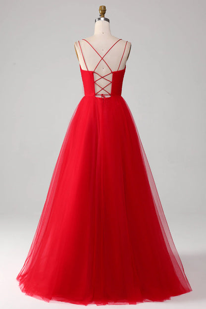 Wholesale Red Evening Dress Ball-Gown/Princess V-Neck Tulle Pleated Long Prom Dress