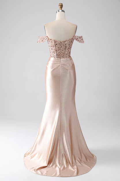 Wholesale Champagne Mermaid Evening Dress Off The Shoulder Sequins Corset Prom Dress With Slit