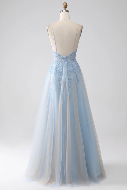 Wholesale A-Line Evening Dress Spaghetti Straps Long Prom Dress with Beading Grey Blue